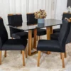 Mesa de Jantar Pedro Mel Vidro Preto 160×80 6 Cadeiras Lisboa Veludo Preto 504 Madeira Maciça Art Assento - Entregue Montada