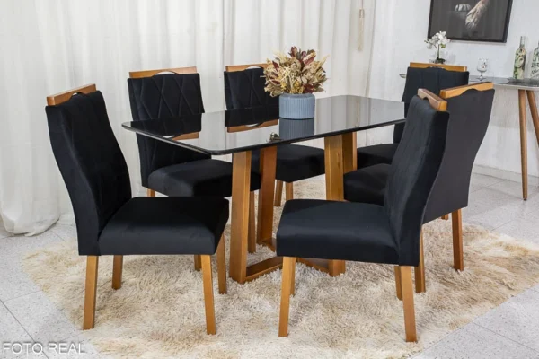 Mesa de Jantar Pedro Mel Vidro Preto 160×80 6 Cadeiras Lisboa Veludo Preto 504 Madeira Maciça Art Assento - Entregue Montada