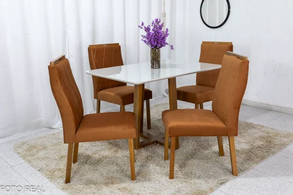Mesa de Jantar Pedro Mel Vidro Off 120×80 4 Cadeiras Lisboa Veludo Terracota 513 Madeira Maciça Art Assento - Entregue Montada