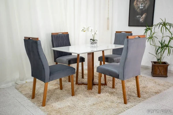 Mesa de Jantar Pedro Mel Vidro Off 120×80 4 Cadeiras Lisboa Veludo Cinza 507 Madeira Maciça Art Assento - Entregue Montada