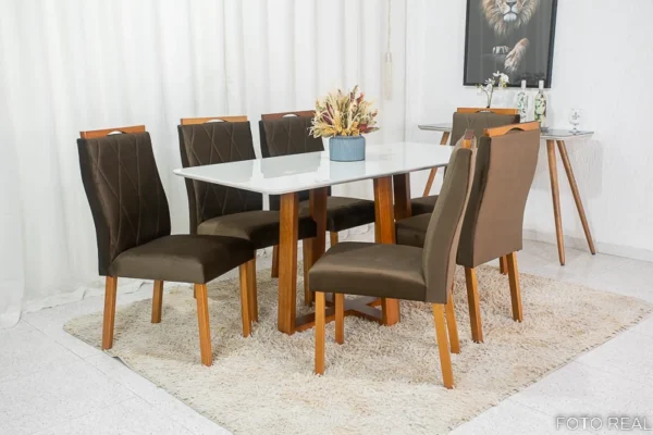 Mesa de Jantar Pedro Mel Vidro Off 160×80 6 Cadeiras Lisboa Veludo Marrom 509 Madeira Maciça Art Assento - Entregue Montada