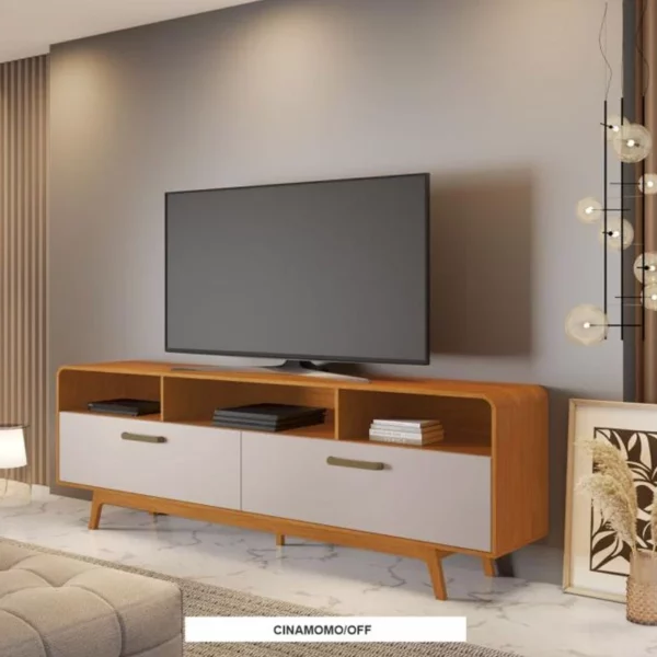Rack Bancada Cristal Candian Larg. 2.00m Cinamomo/Off Ideal para TVs até 70 Polegadas JCM