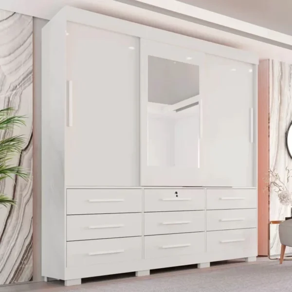 Guarda-Roupa Casal Athenas C/Espelho 3 Portas 9 Gavetas Branco Larg. 1.80m C/Pés Bianchi