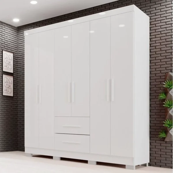Guarda-Roupa Solteiro Estrela 6 Portas 2 Gavetas Branco Larg. 1.50m Sallêto Pés Grátis