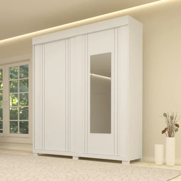 Guarda-Roupa Casal Heloisa c/Espelho 2 Portas 3 Gavetas MDF Larg. 1.80m Branco Com Pés ACP