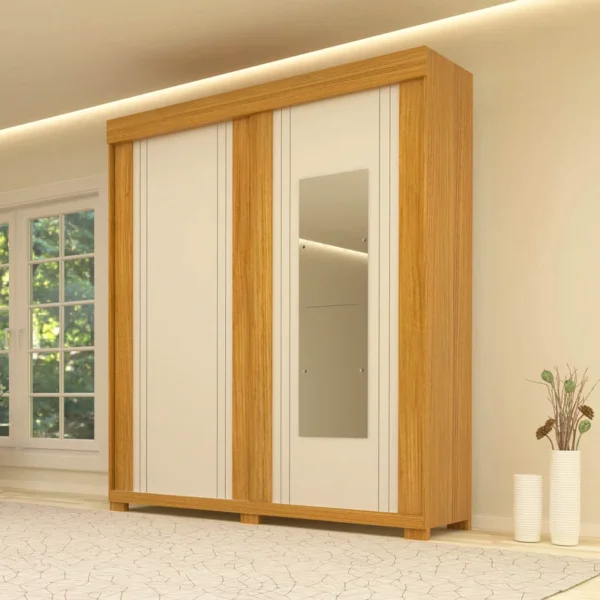 Guarda-Roupa Casal Heloisa c/Espelho 2 Portas 3 Gavetas MDF Larg. 1.80m Nature/Off Com Pés ACP