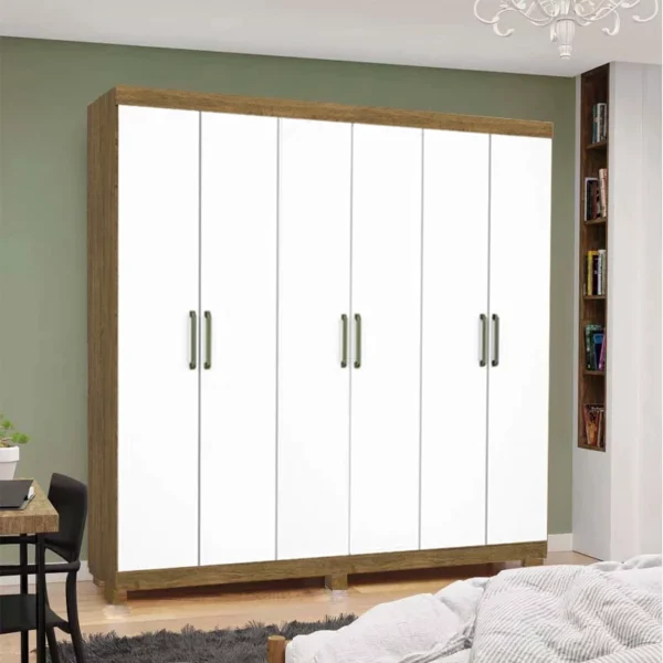 Guarda-Roupa Solteiro Recife Larg. 1.53m 6 Portas 2 Gavetas  Com Pés Cinamomo/Branco Carioca
