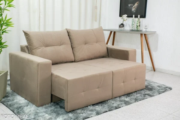 Sofá Retrátil 3 Lugares Havaí Larg. 1.80m Veludinho Bege 10