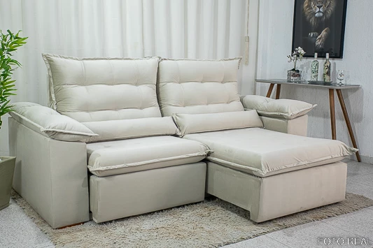 Sofá Retrátil Reclinável 2.30m Emanuelly Veludo Bege 01 - D28 Soft