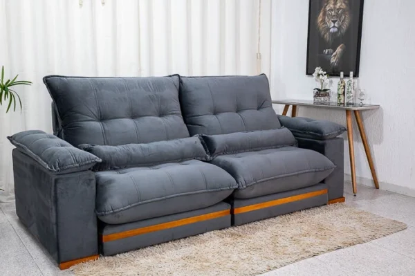 Sofá Retrátil Reclinável 2.50m Ibis Veludo Cinza 814 - D33 e Molas Ensacadas