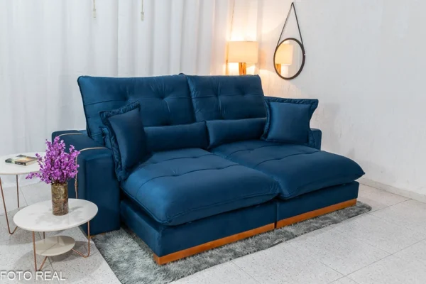 Sofá Retrátil Reclinável 2.50m Toronto Veludo Azul 4061 - Molas Ensacadas