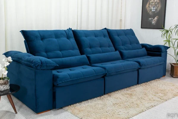 Sofá Retrátil Reclinável 3.20m Emanuelly Veludo Azul 03 - D28 Soft