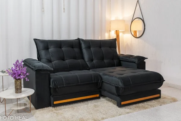 Sofá Retrátil Reclinável Barcelona 2.30m Veludo Preto 322 - D33 e Molas Ensacadas