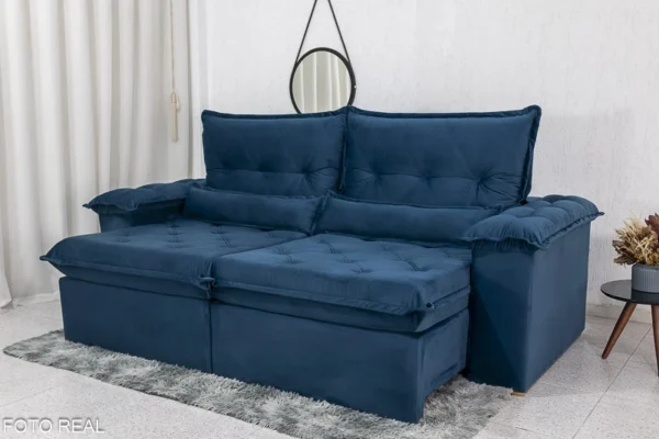 Sofá Retrátil Reclinável Califórnia 2.50m Veludo Azul 529 - D28 Hiper soft