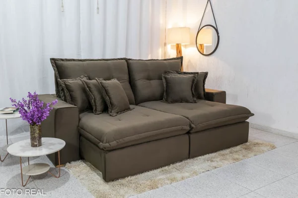 Sofá Retrátil Reclinável Ferrara 2.50m Veludo Marrom D33 e Molas Ensacadas