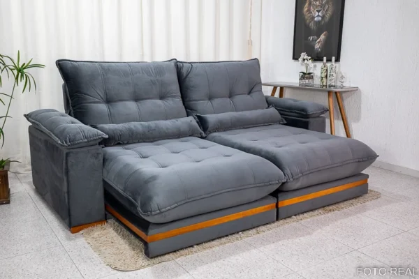 Sofá Retrátil Reclinável Ibis 2.30m Veludo Cinza 814 - D33 e Molas Ensacadas