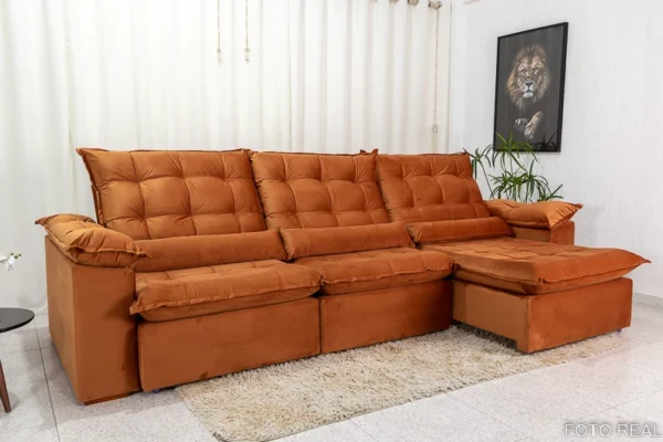 Sofá Retrátil Reclinável 3.20m Emanuelly Veludo Terracota 24 - D28 Soft