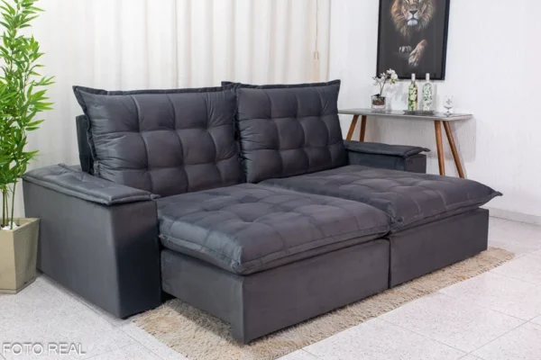 Sofá Retrátil Reclinável Atenas 2.30m Veludo Cinza 814 - D33 e Molas Ensacadas