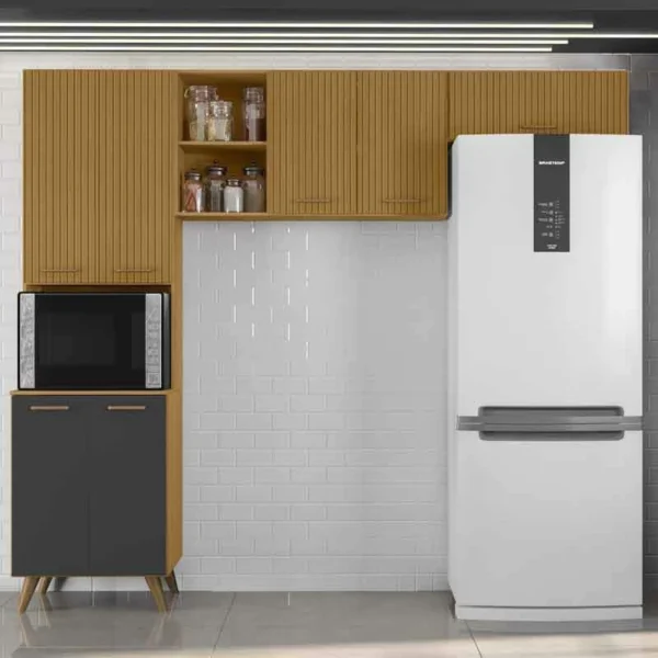 Armário Cozinha Olinda Ripado 3D 3 Peças Paneleiro + Aéreo 1.05m + Aéreo de Geladeira Freijó/Grafite Poliman