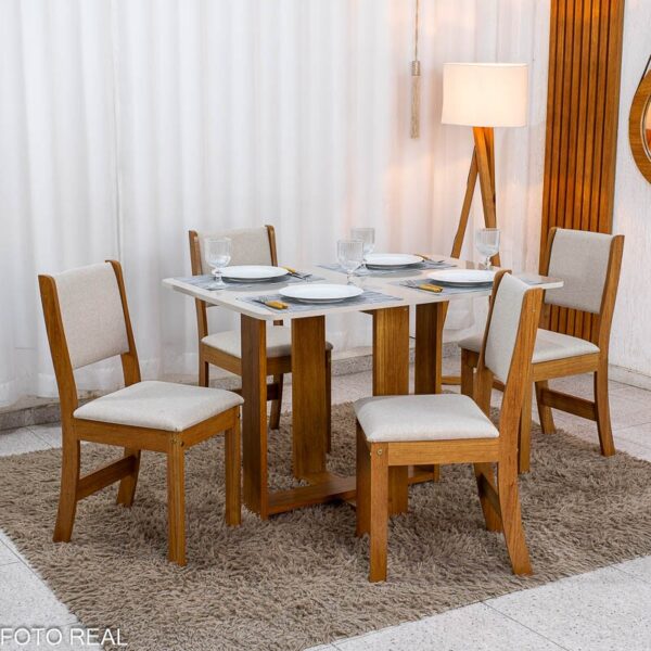 Mesa de Jantar Noor Mel 120x80 Tampo Off + 4 Cadeiras Sol Linho Bronze Bege - Viero