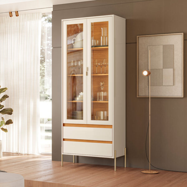 Cristaleira Brisa 2 Portas c/Vidro 2 Gavetas – Cinamomo/Off White