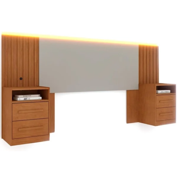 Cabeceira Barcelona Casal Queen Ripado com Led e 2 Mesas de Cabeceira Tcil