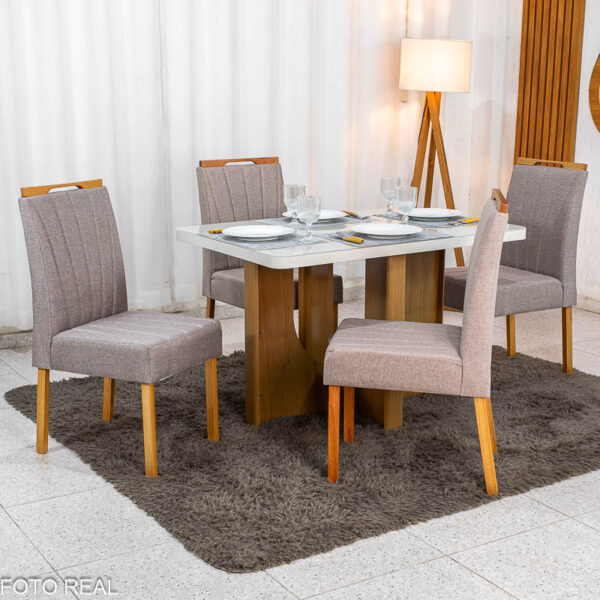 Mesa de Jantar Dora 120x80 Vidro Off Base MDF Cinamomo - Valdemóveis + 4 Cadeiras Gabi Linho Marrom Estrutura Madeira Bom Lar - Entregue Montada