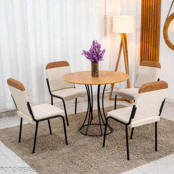 Mesa de Jantar Malta Tampo Redondo 90x90 Naturale Base Ônix Preto Fosco + 4 Cadeiras Malta Linho Bege - Tubo Minas