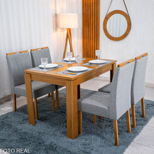 Mesa de Jantar Athenas 120x80 Amêndoa Lopas + 4 Cadeiras Gabi Linho Cinza A Bom Lar - Entregue Montada