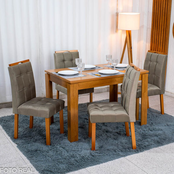 Mesa de Jantar Athenas 120x80 Amêndoa Clean Tampo Maciço Lopas + 4 Cadeiras Londres Veludo Avelã Minas Plac - Entregue Montada