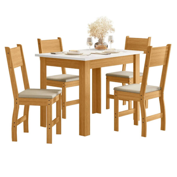 Mesa de Jantar Bellagio 108x68 Freijó Tampo Off + 4 Cadeiras Milano Korino Bege ( Freijó UV/Savana ) - Poliman