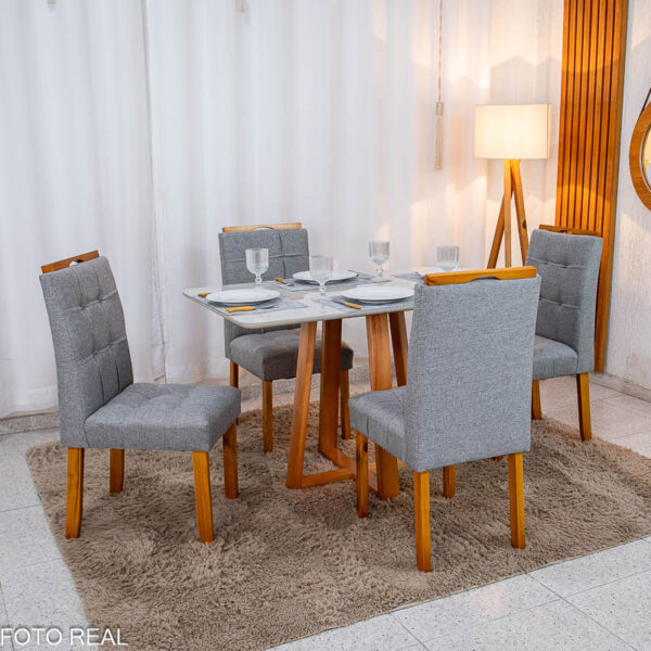 Mesa de Jantar Bali 120x80 Vidro Off Base Madeira + 4 Cadeiras Londres Linho Cinza Minas Plac - Entregue Montada