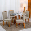 Mesa de Jantar Bali 90x90 Vidro Off Base Madeira + 4 Cadeiras Atlanta Linho Bege Cru Minas Plac - Entregue Montada