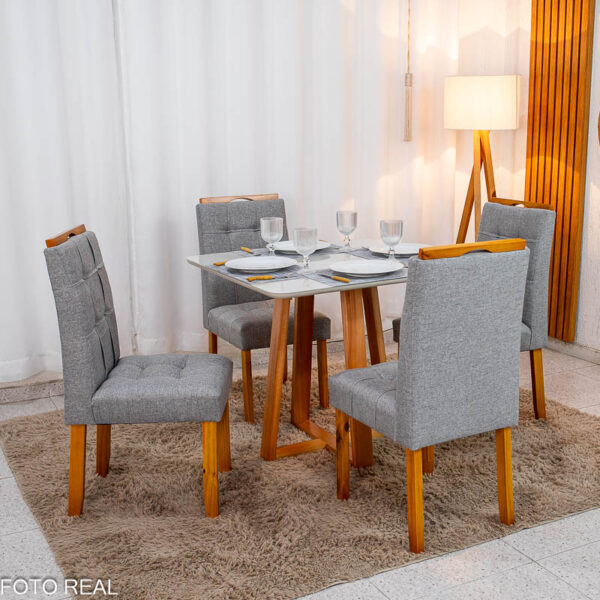 Mesa de Jantar Bali 90x90 Vidro Off Base Madeira + 4 Cadeiras Londres Linho Cinza Minas Plac - Entregue Montada