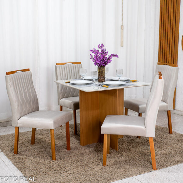 Mesa de Jantar Helo 90x90 Vidro Off Base Freijó Poliman + 4 Cadeiras Gênova Veludo Bege 512 Art Assento - Entregue Montada