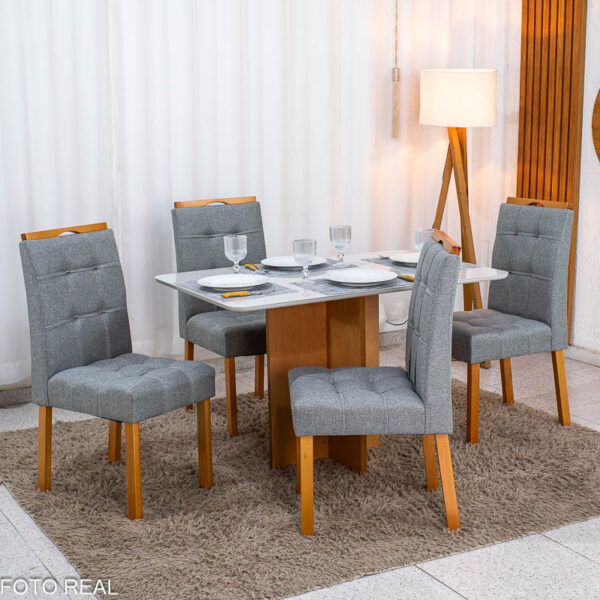 Mesa de Jantar Moscou 120x80 Vidro Off Base Cinamomo + 4 Cadeiras Londres Linho Cinza Minas Plac - Entregue Montada