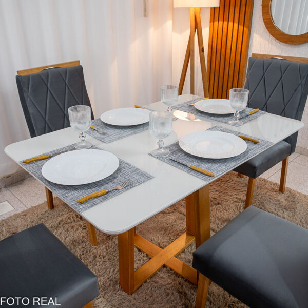Mesa de Jantar Pedro 120x80 Vidro Off Base Madeira + 4 Cadeiras Lisboa Veludo Cinza 507 Art Assento - Entregue Montada