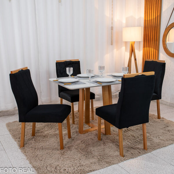 Mesa de Jantar Pedro 120x80 Vidro Off Base Madeira + 4 Cadeiras Lisboa Veludo Preto 504 Art Assento - Entregue Montada