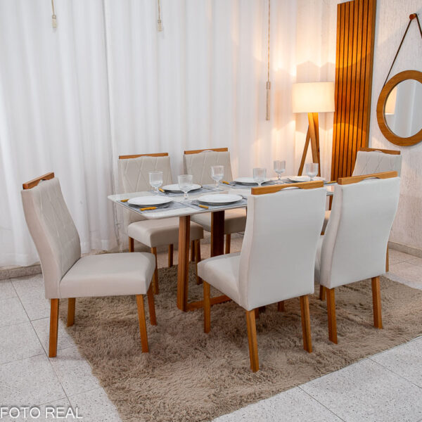 Mesa de Jantar Pedro 160x80 Vidro Off Base Madeira + 6 Cadeiras Lisboa Veludo Bege 512 Art Assento - Entregue Montada