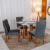 Mesa de Jantar Pedro 90x90 Vidro Off Base Madeira + 4 Cadeiras Lisboa Veludo Cinza 507 Art Assento - Entregue Montada