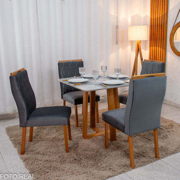 Mesa de Jantar Pedro 90x90 Vidro Off Base Madeira + 4 Cadeiras Lisboa Veludo Cinza 507 Art Assento - Entregue Montada