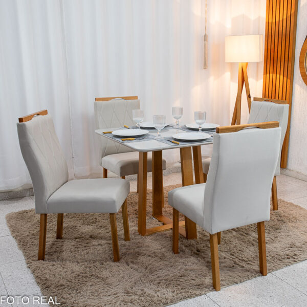 Mesa de Jantar Pedro 90x90 Vidro Off Base Madeira + 4 Cadeiras Lisboa Veludo Bege 512 Art Assento - Entregue Montada