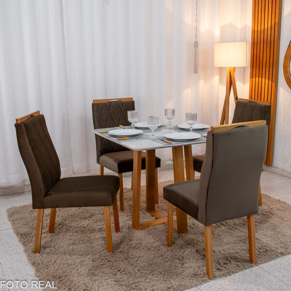 Mesa de Jantar Pedro 90x90 Vidro Off Base Madeira + 4 Cadeiras Lisboa Veludo Marrom 509 Art Assento - Entregue Montada