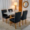 Mesa de Jantar Pedro 120x80 Vidro Off Base Madeira + 4 Cadeiras Gênova Veludo Preto 504 Art Assento - Entregue Montada