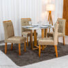Mesa Tóquio 100x80 Vidro Off Base Madeira + 4 Cadeiras Londres Veludo Avelã Estrutura Madeira Minas Plac - Entregue Montada