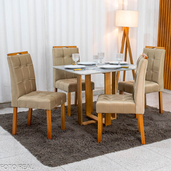 Mesa Tóquio 100x80 Vidro Off Base Madeira + 4 Cadeiras Londres Veludo Avelã Estrutura Madeira Minas Plac - Entregue Montada