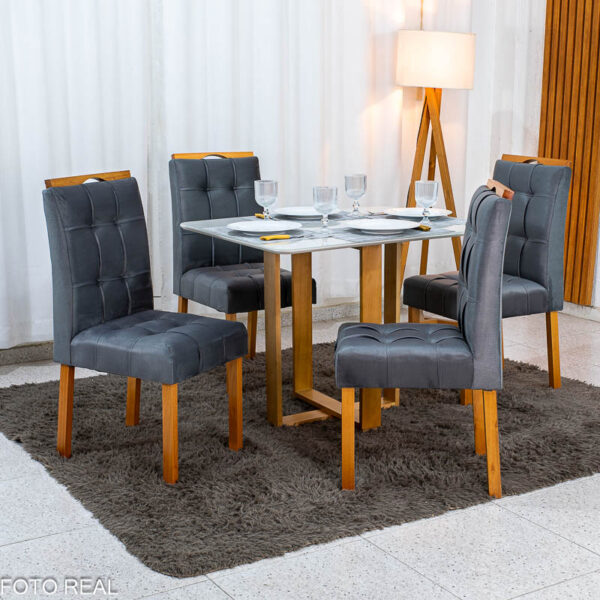 Mesa Tóquio 100x80 Vidro Off Base Madeira + 4 Cadeiras Londres Veludo Chumbo Estrutura Madeira Minas Plac - Entregue Montada