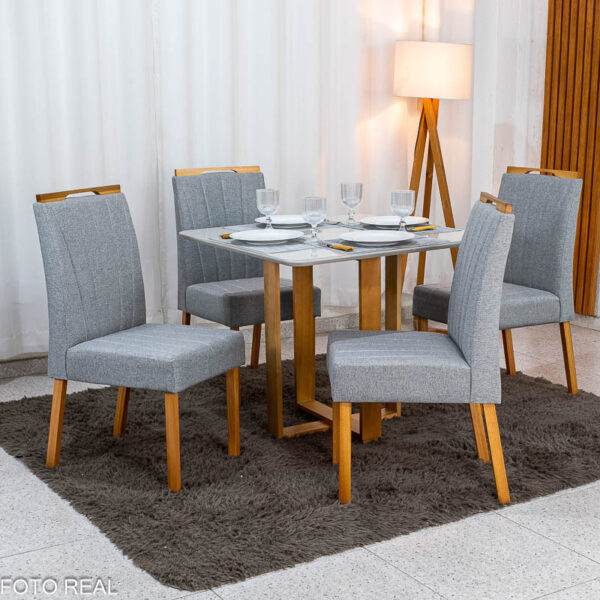 Mesa Tóquio 90x90 Vidro Off Base Madeira + 4 Cadeiras Gabi Linho Cinza Estrutura Madeira Bom Lar - Entregue Montada