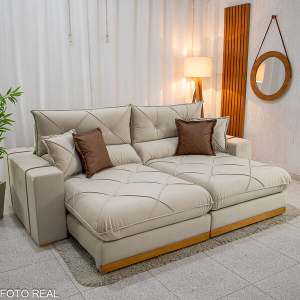 Sofá Retrátil Reclinável Gran Bello 2,30m Veludo Bege - Molas Ensacadas Pocket