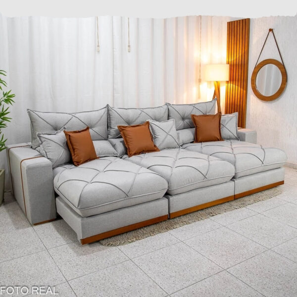 Sofá Retrátil Reclinável Gran Bello 3,20m Linho Cinza - Molas Ensacadas